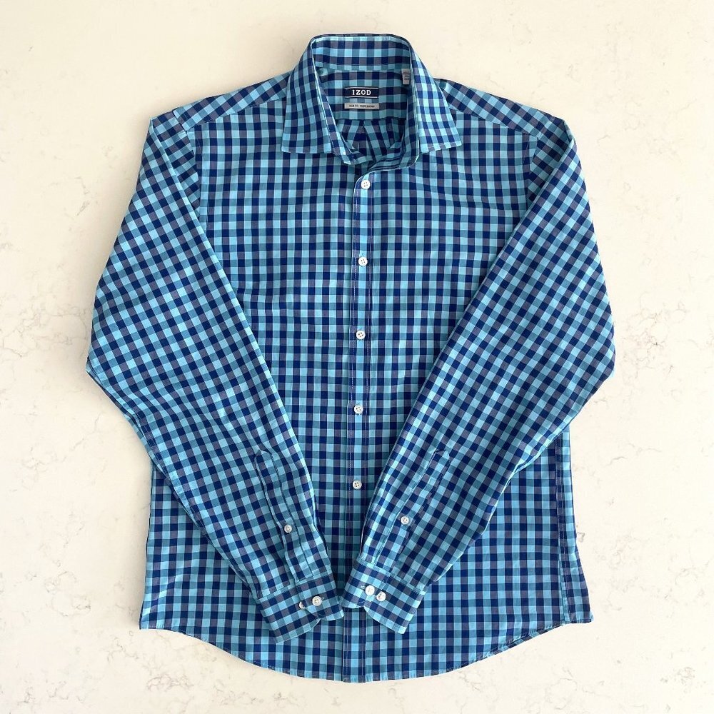 Izod Slim Fit Button Down LS Cotton Poly Blend Check Shirt Blue Sz 15.5 34/35